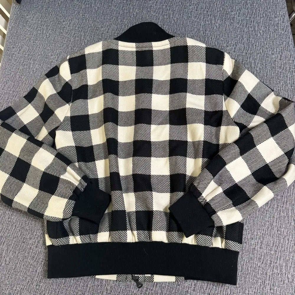 Milly Black and White Plaid Wool Zip Up Bomber Jacket - Image 6