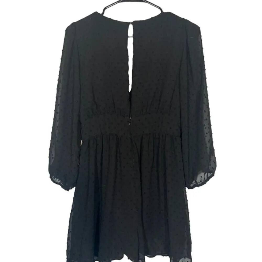 Zara Black Long Sheer Sleeve Dotted Key Hole Back Belted Short Romper Women Sz S - Image 2