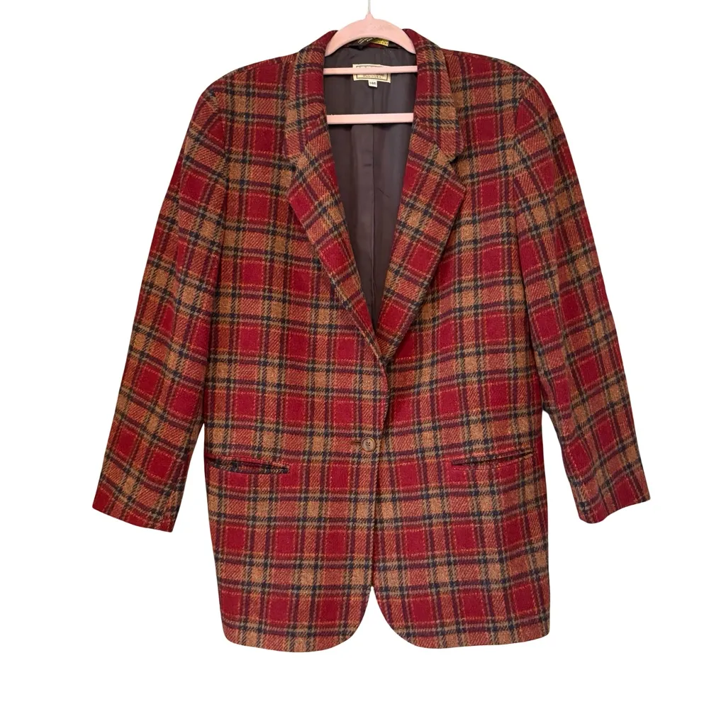 L.L. BEAN Vintage 80s 90s Preppy Tartan Plaid Single Button Wool Blazer, Sz 14 R Red - Image 7