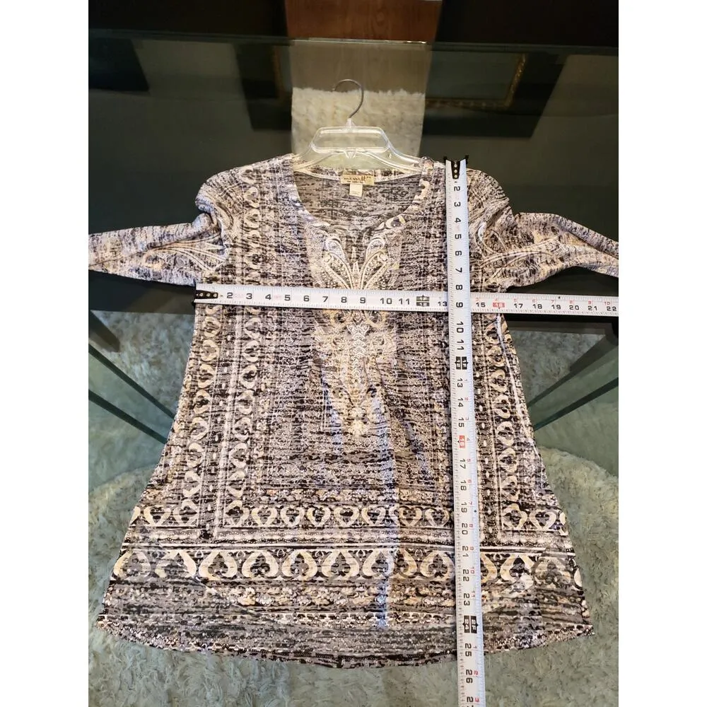 One World Gray Black Blouse SP Gray Black Embellished V Neck Stretch Boho Print - Image 12