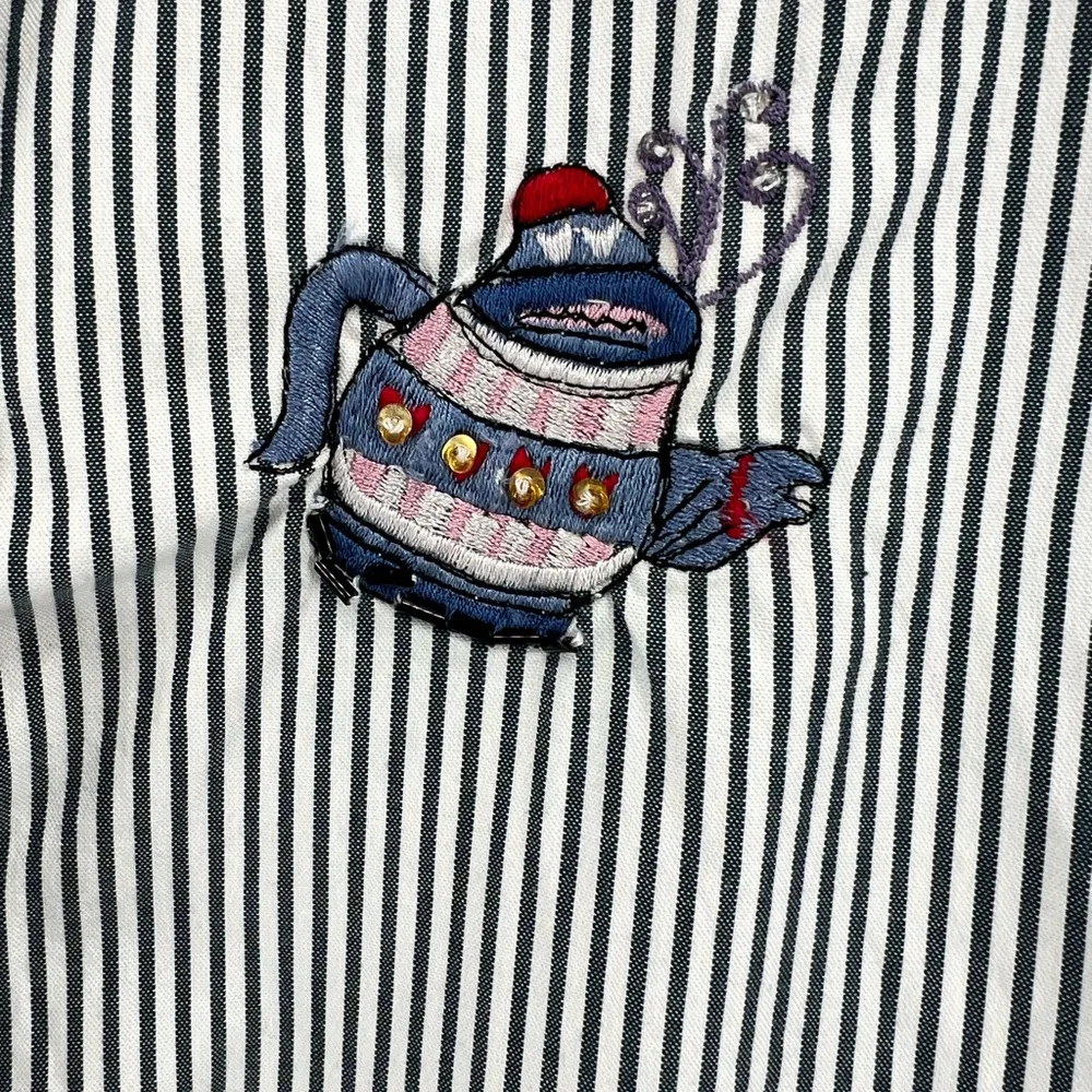 Bobbie Brooks striped tea party embroidered beaded button top L casual whimsical - Image 3