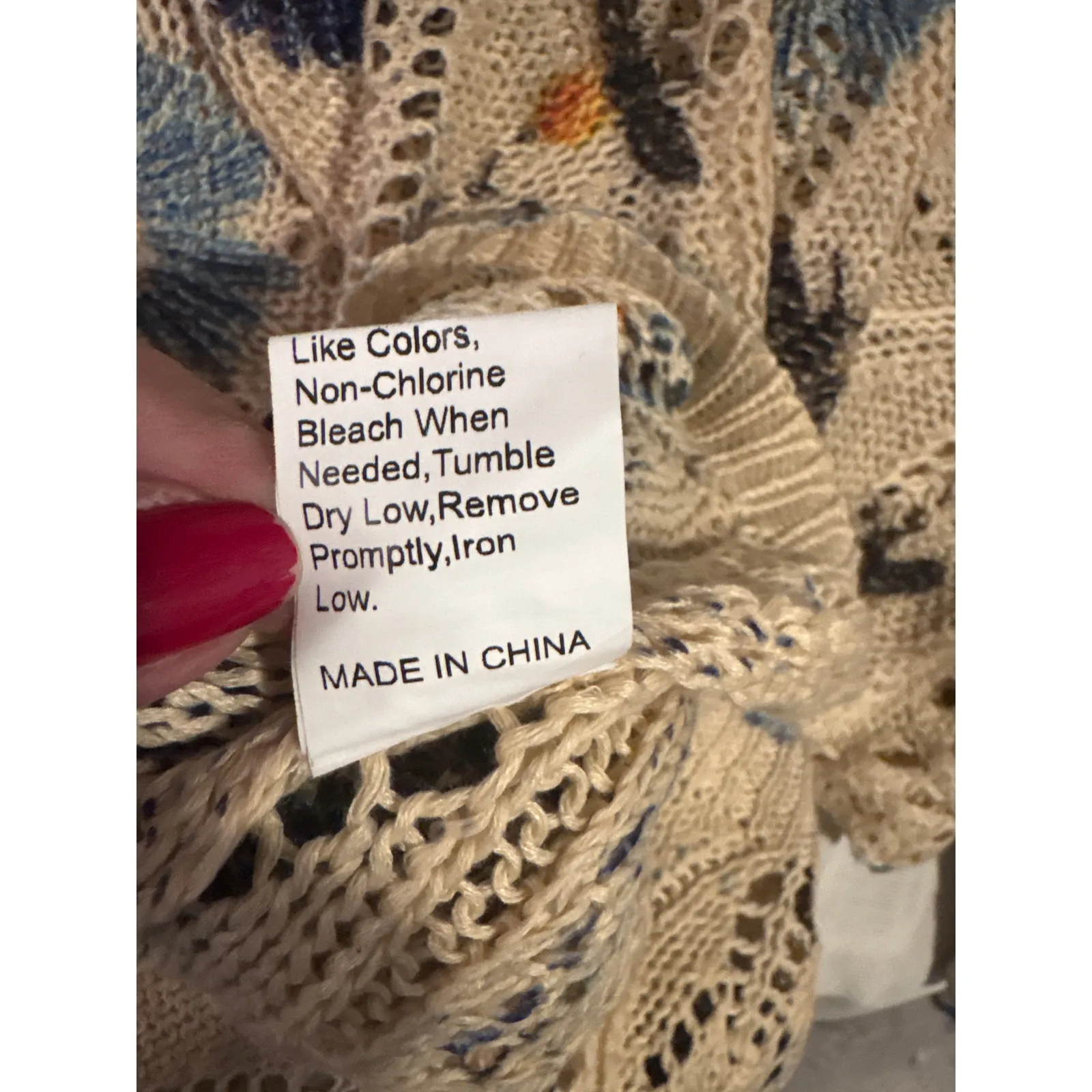 Plus Curvy XL Knit Tan Tunic Crochet Sweater Blue Flowers Dragonflies - Image 7