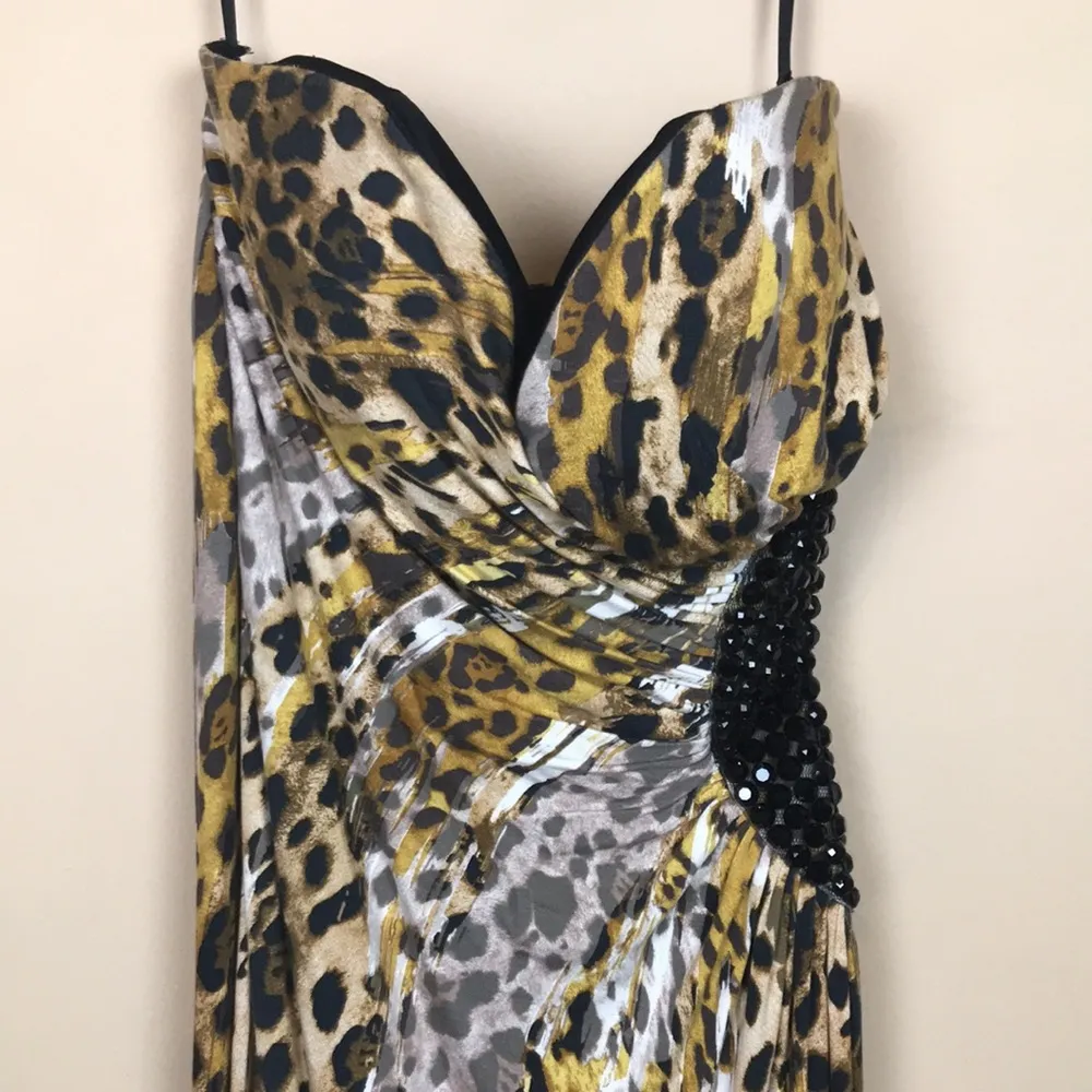 Jovani Women’s Animal Print Beaded Open Side Leg Slit Strapless Maxi Dress - Image 2