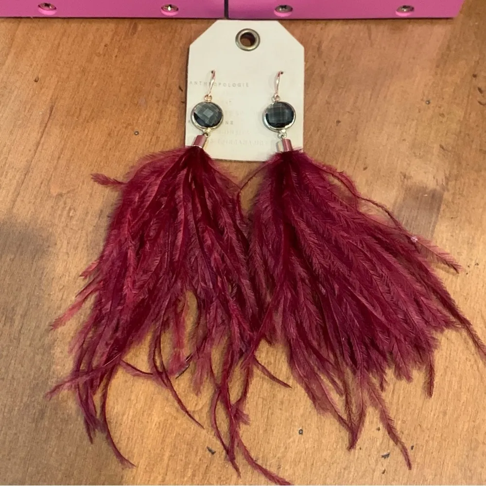 Anthropologie Drop Pierced Dark Red Feather Earrings With Enamel Gemstone Charm - Image 2