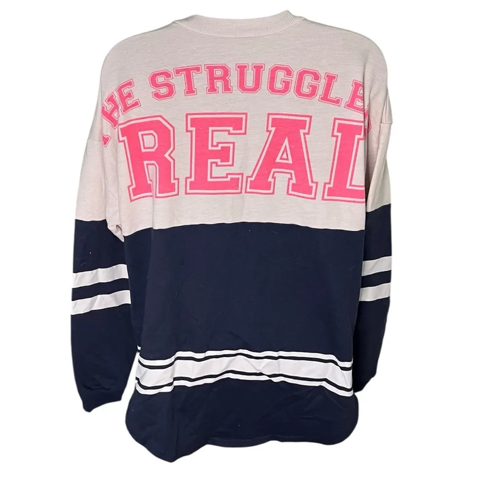 rue21 Oversized Long Sleeve Varsity Graphic “The Struggle Is Real” Navy/White M - Image 2