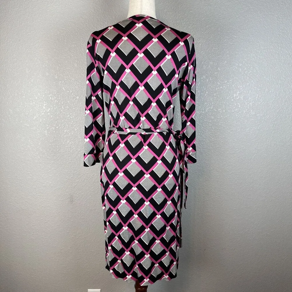 Diane Von Furstenberg Julian Two Wrap Dress Size 12 Square Tips Pink Black Silk - Image 4