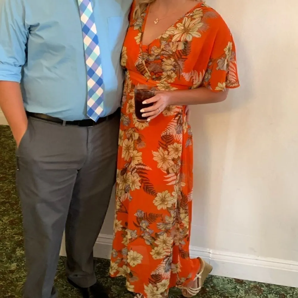 Love Fire Tropical Print Bohemian Floral Flutter Sleeve Semi Sheer Maxi Dress Orange - Image 13