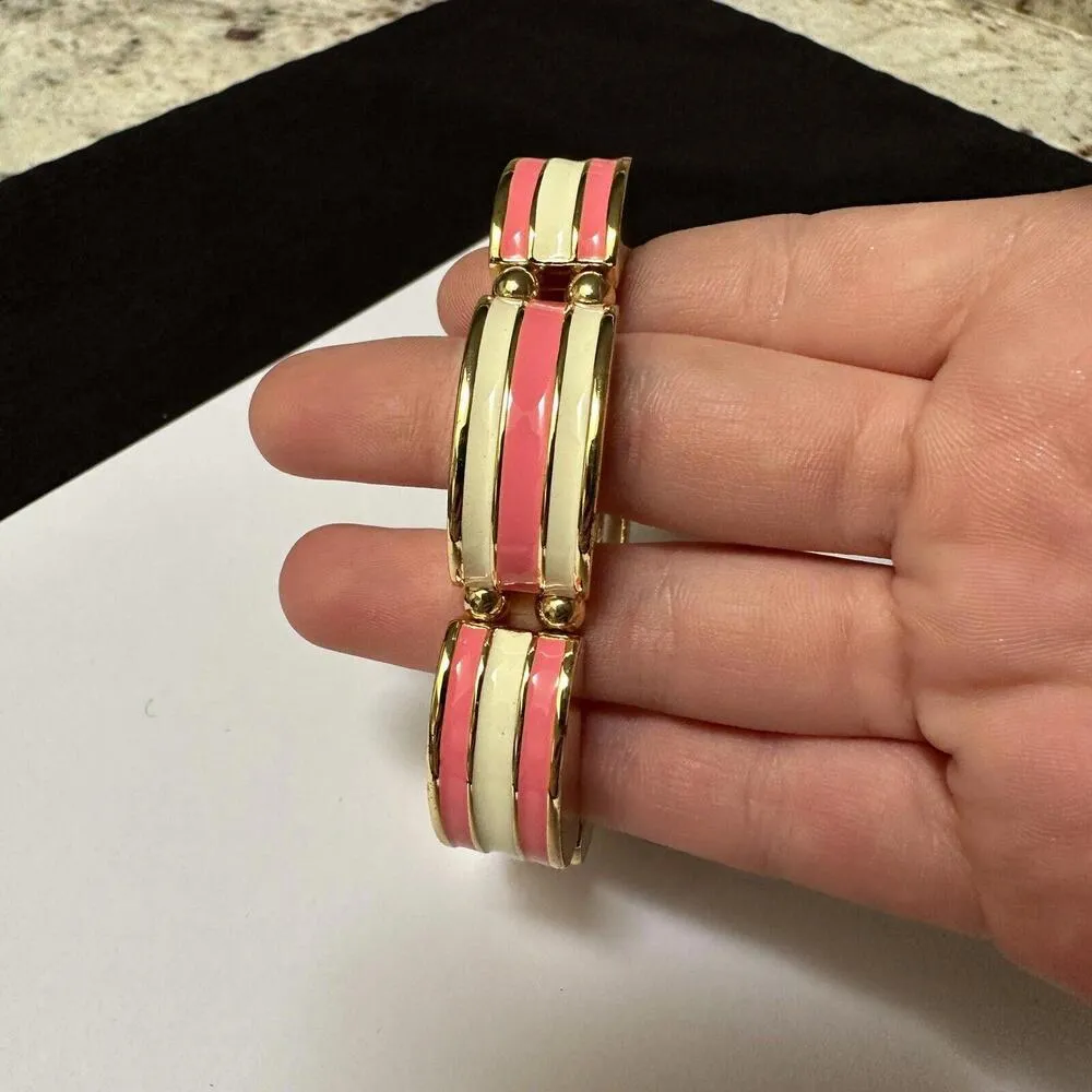 Talbots Stretch Bracelet 6 3/4 Inch Gold Tone Pink & Ivory Enamel - Image 10