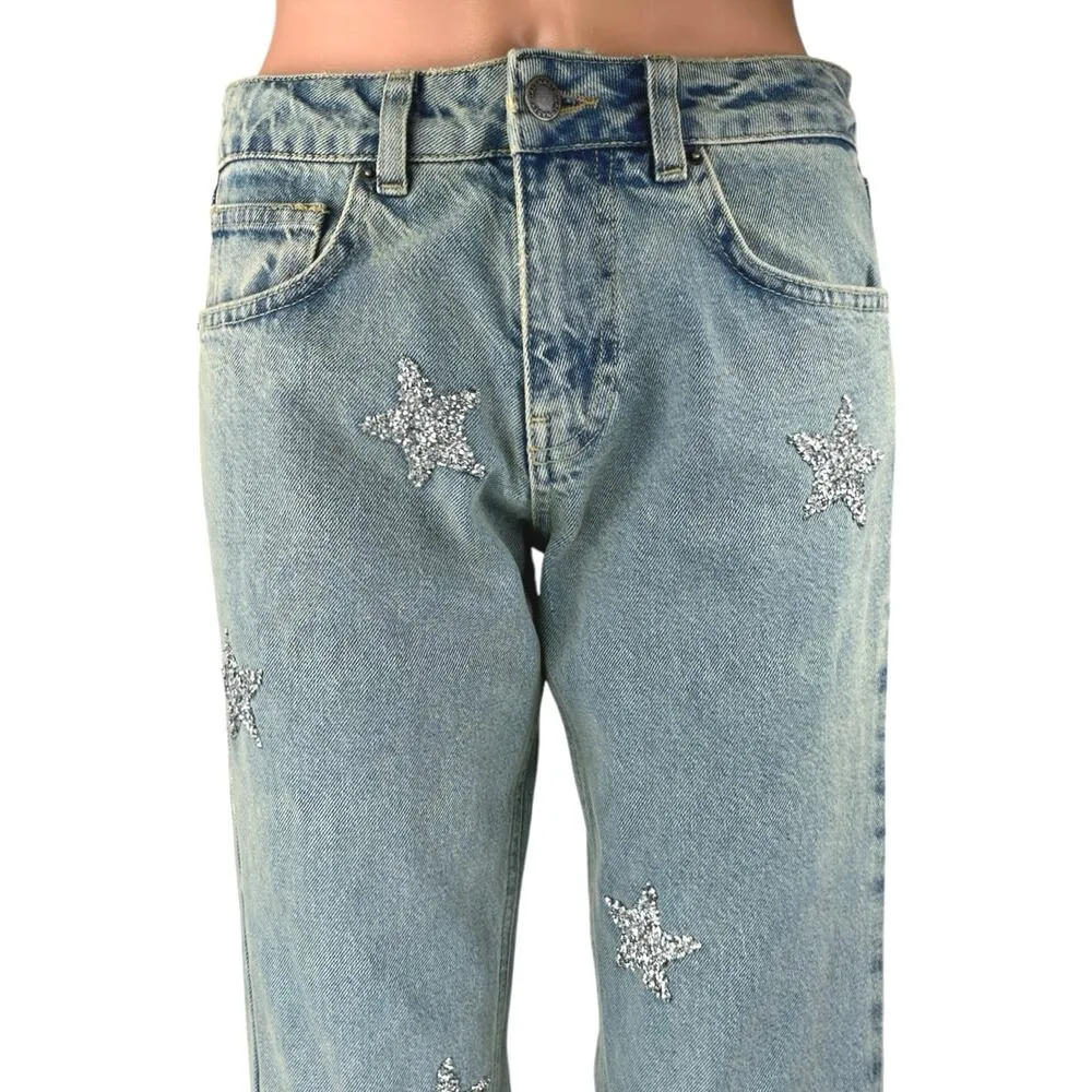 Nasty Gal Women's Blue Embellished Star Print Straight High Rise Denim Jeans 4 - Image 4