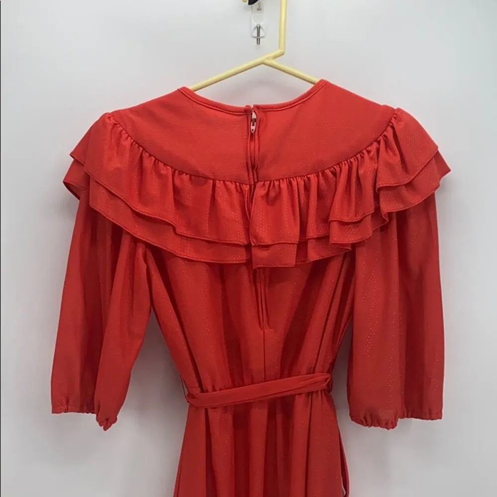 Vintage 70s dress red prairie disco ditzy polka dot print sz M below the knee Size M - Image 5