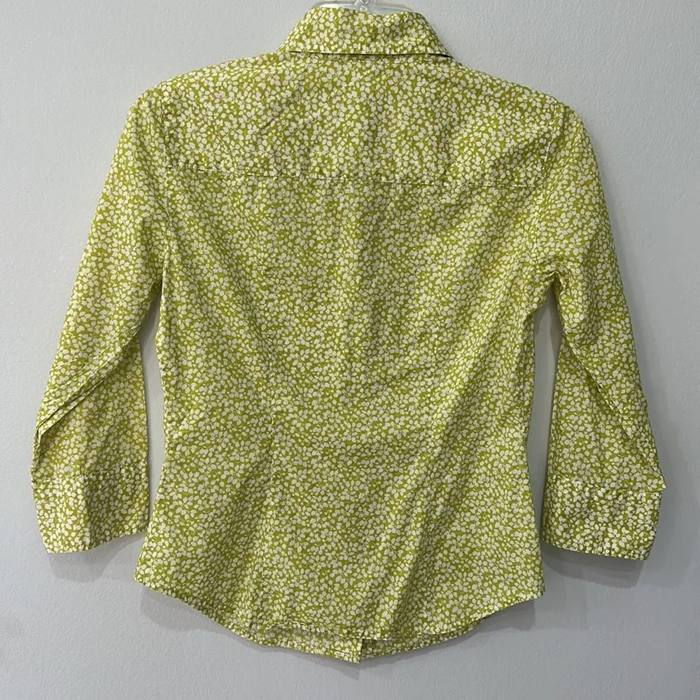 J. Crew Cotton Floral Light Green/Yellow Button Up Shirt 3/4 Sleeve Size XS - Image 6