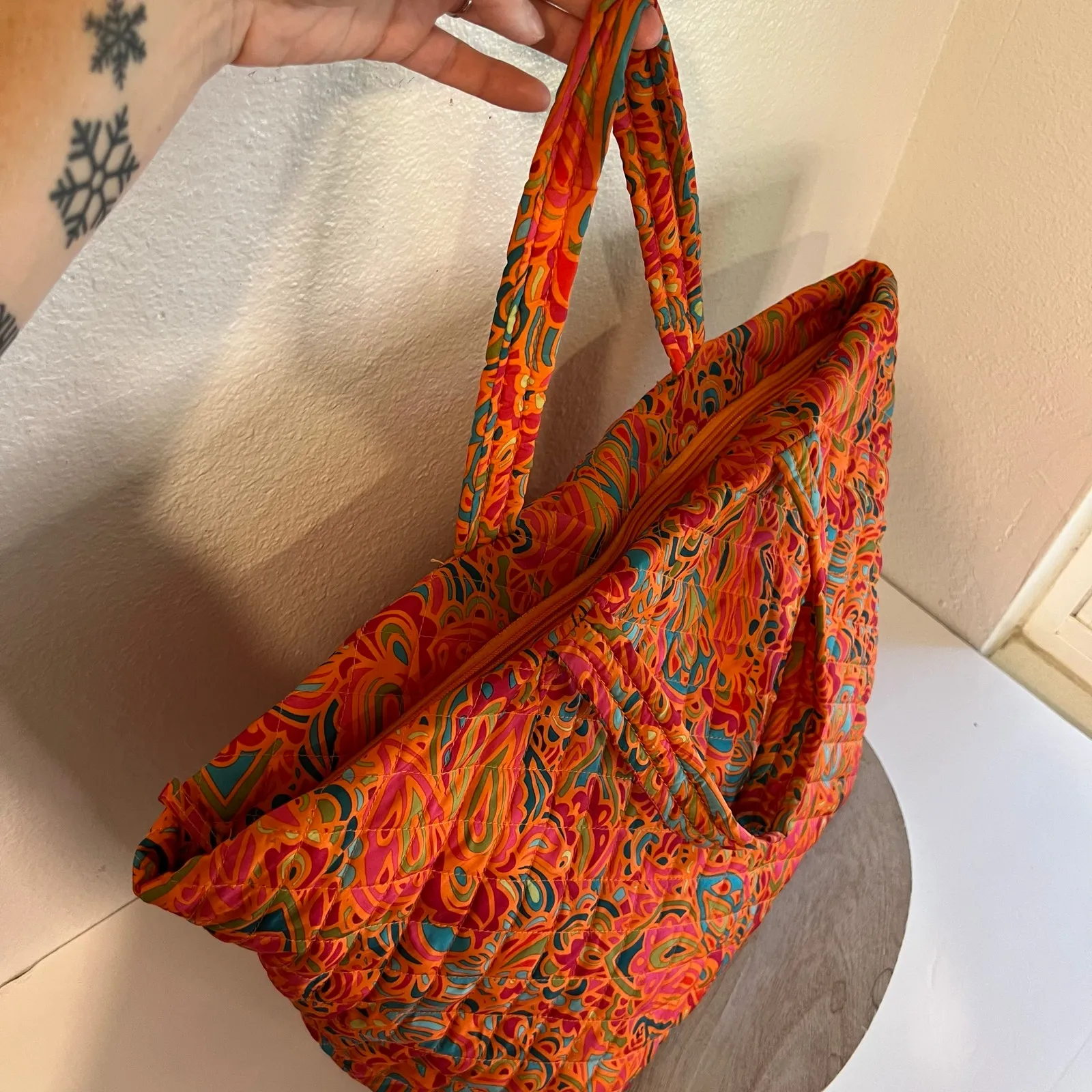 Orange Multi Colored Quilted Floral Printed Nylon Double Handle Zipper Tote Bag - Image 5