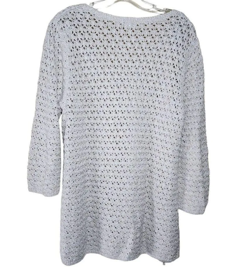 J. Jill Oatmeal Open Knit Crochet Flared Sleeve Side Tie Sweater Boho Cottage - Image 2