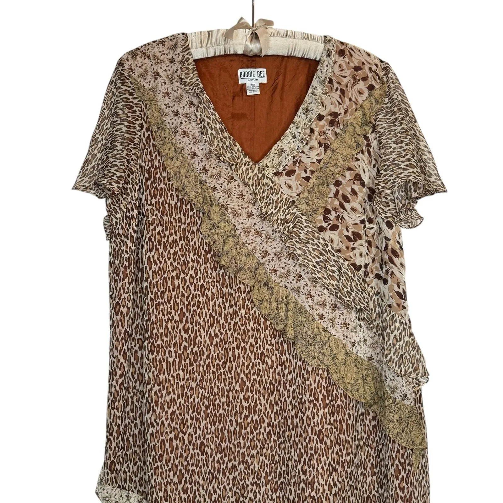 Robbie Bee Vintage Y2K 100% Silk Leopard Print Floral Ruffled Dress Size 18W‎ 2X - Image 3
