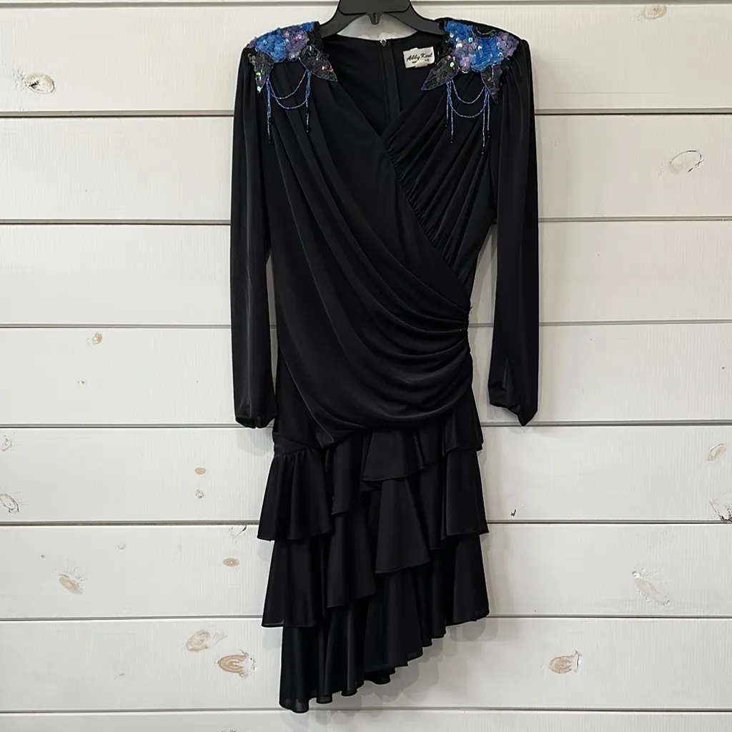 Vintage Abby Kent 80’s Beaded Sequin Shoukder Ruffle Hem Cocktail Dress Women 12 Black - Image 2