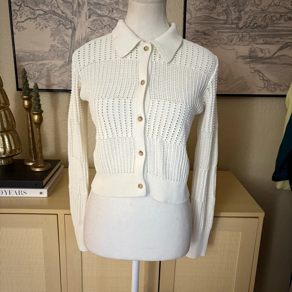 FRAME Denim Shrunken Crochet Cardigan in Off White Size XS - Image 4