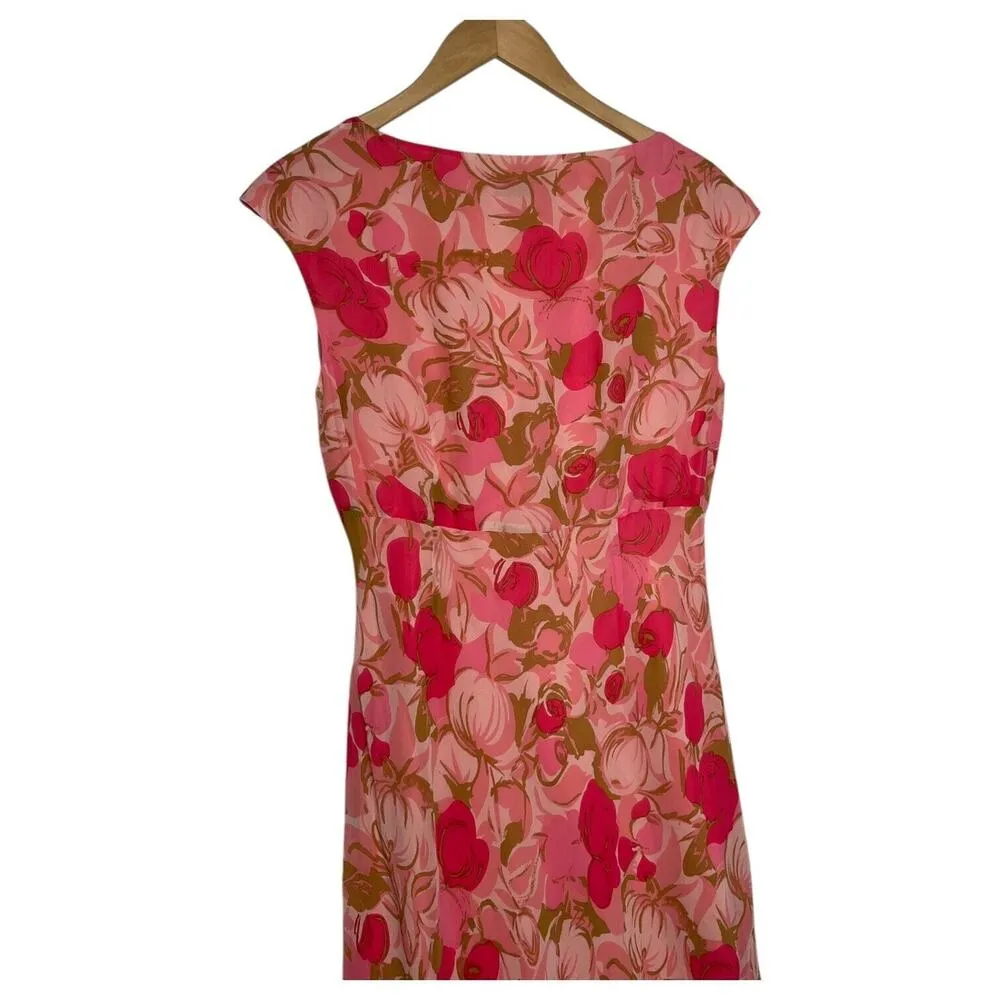 VTG Maggy London Dress Womens 10 Silk Midi Floral V Neck Lined Cap Sleeve Pink - Image 9