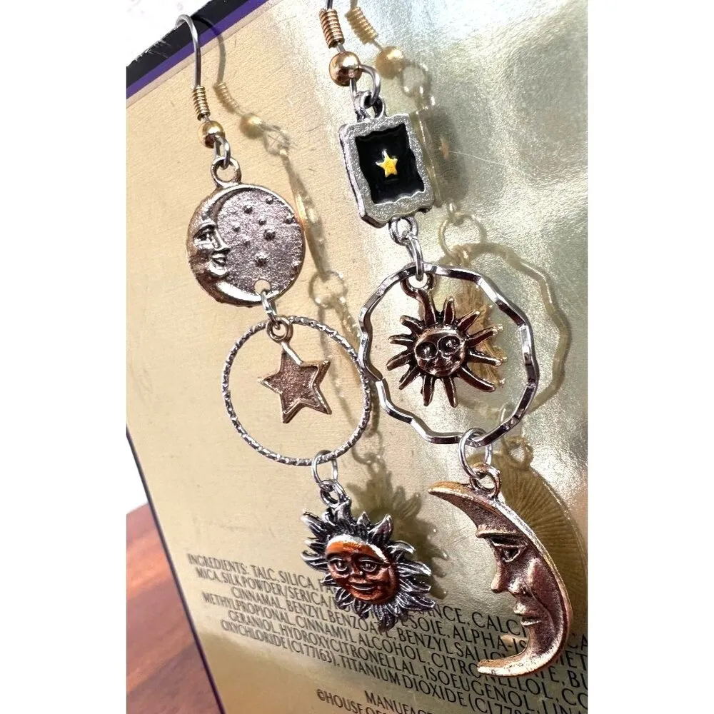 Celestial Sun Moon Stars Earrings Dangle Tarot Halloween Eclectic Mismatched Gold - Image 5