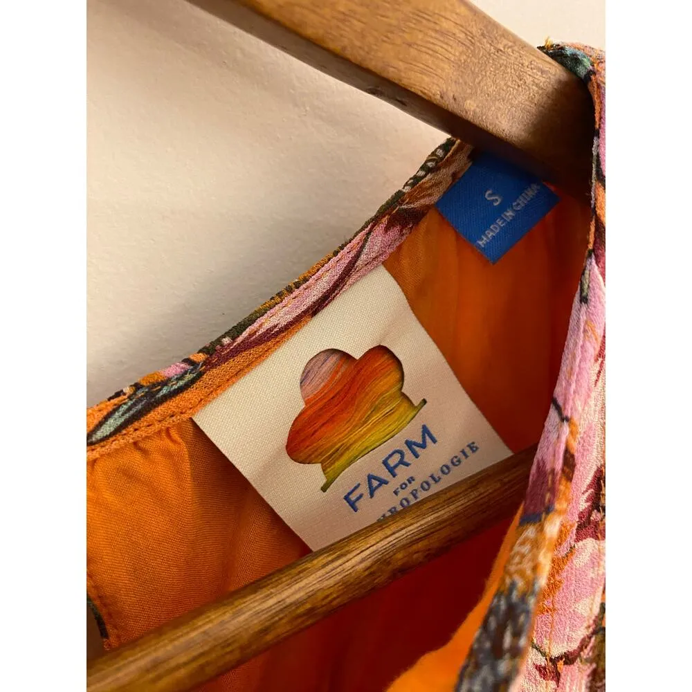 Farm Rio Adonis Pintucked Blouse No Tie Orange Pink Floral Flutter Sleeve GUC S - Image 9