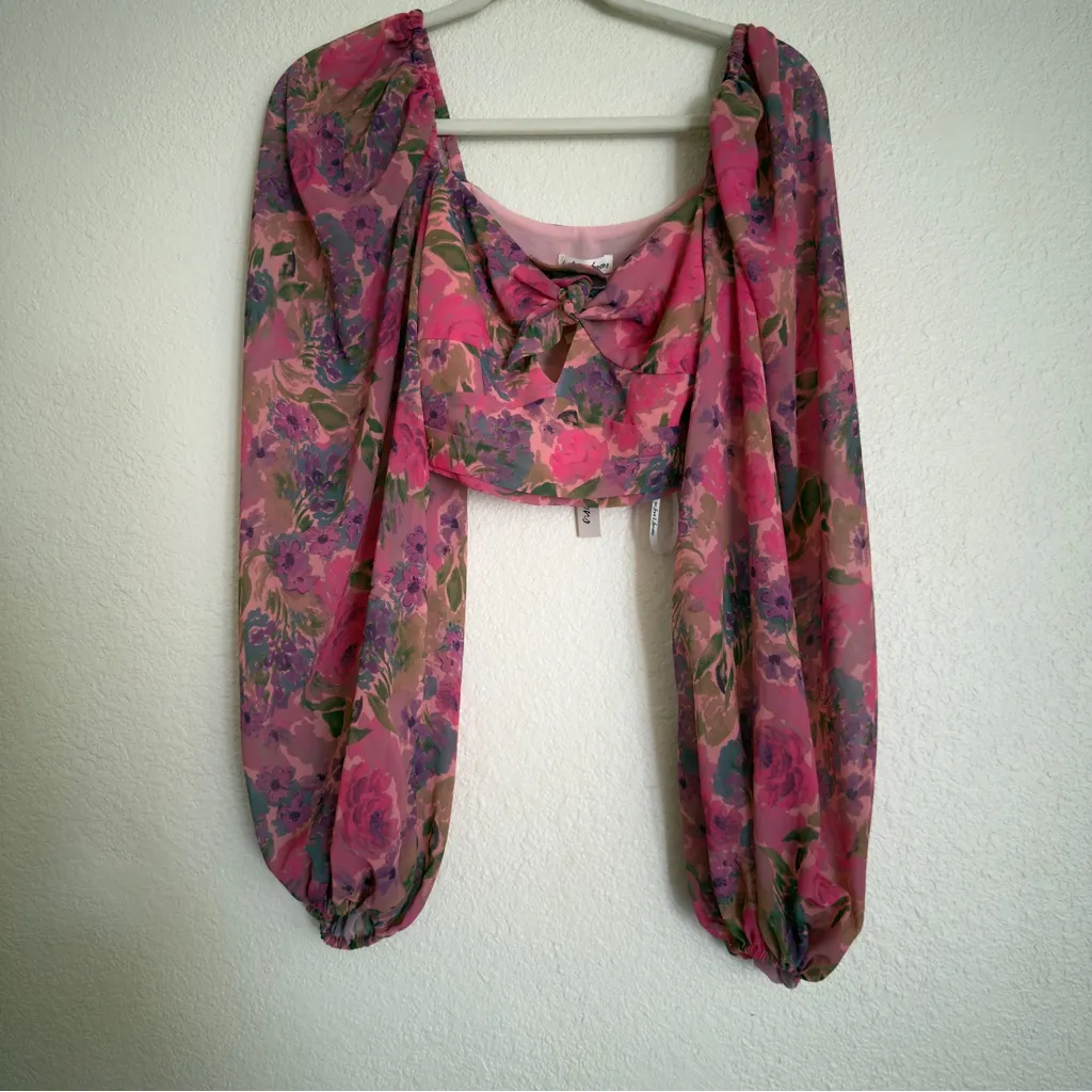 NWT For Love & Lemons Trisha Tie Front Printed Pink Crop Top XS - Image 6