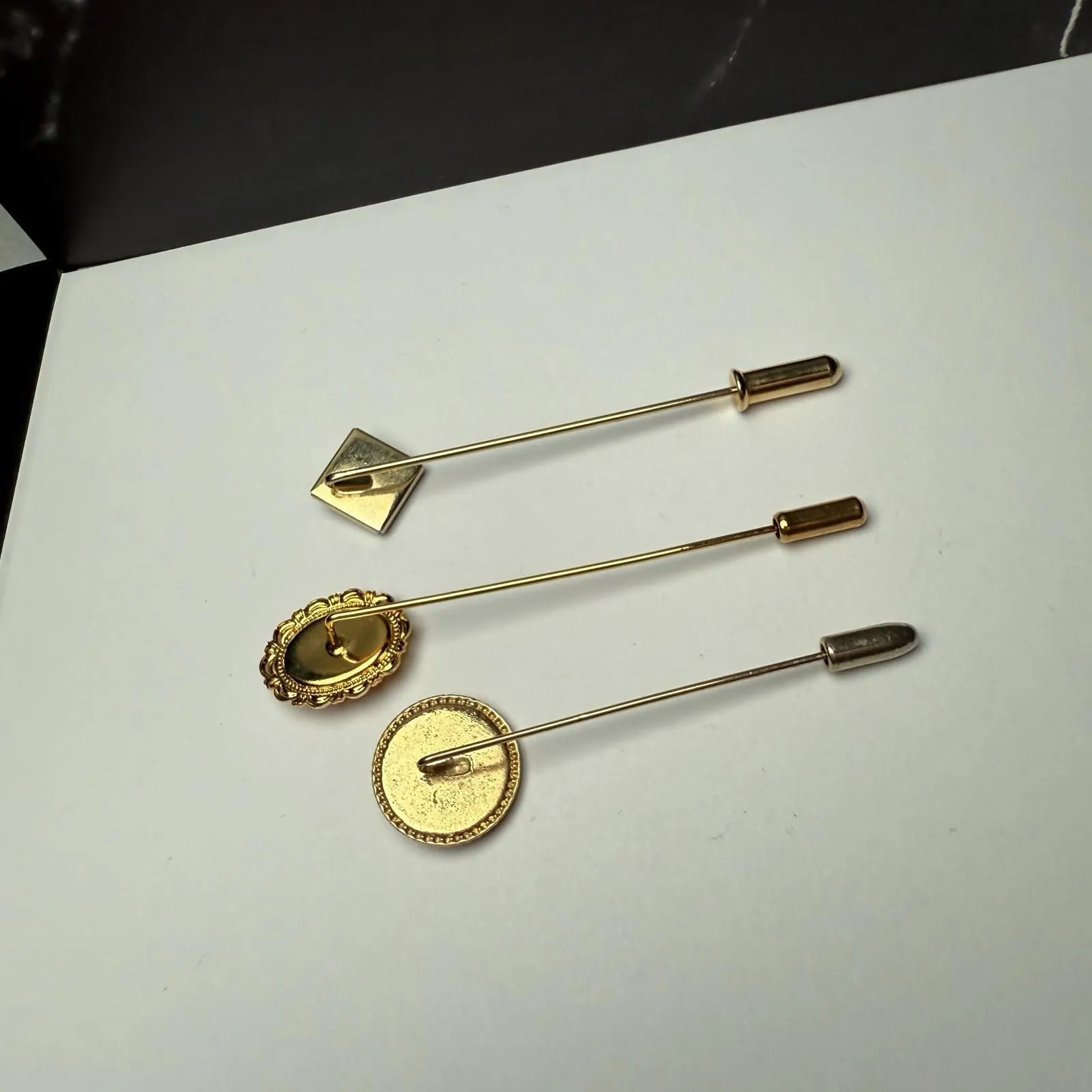 Lapel Stick Pin Gold Tone Lot Of 3 Cameo, Enamel Bird, Rhinestone Square - Image 10