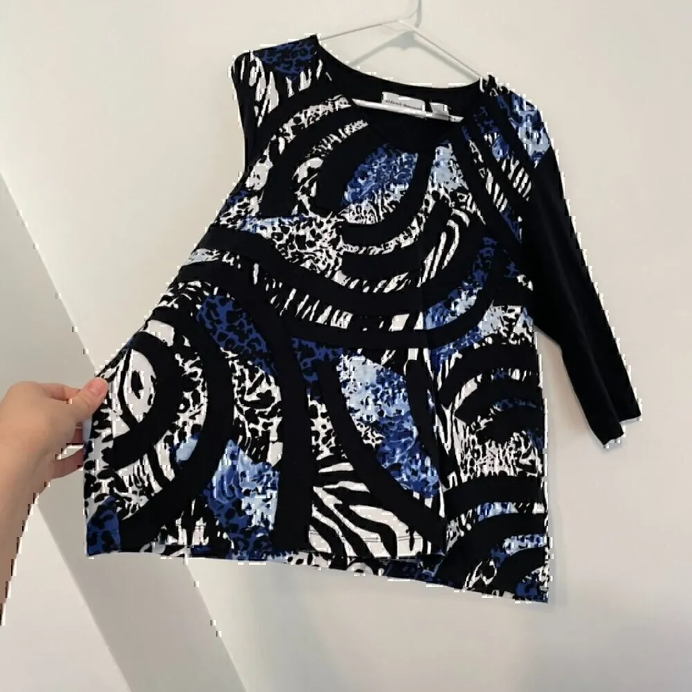 ALFRED DUNNER Black White Blue Cheetah Leopard Animal 3D Stripe 3/4 Sleeve Top L - Image 8