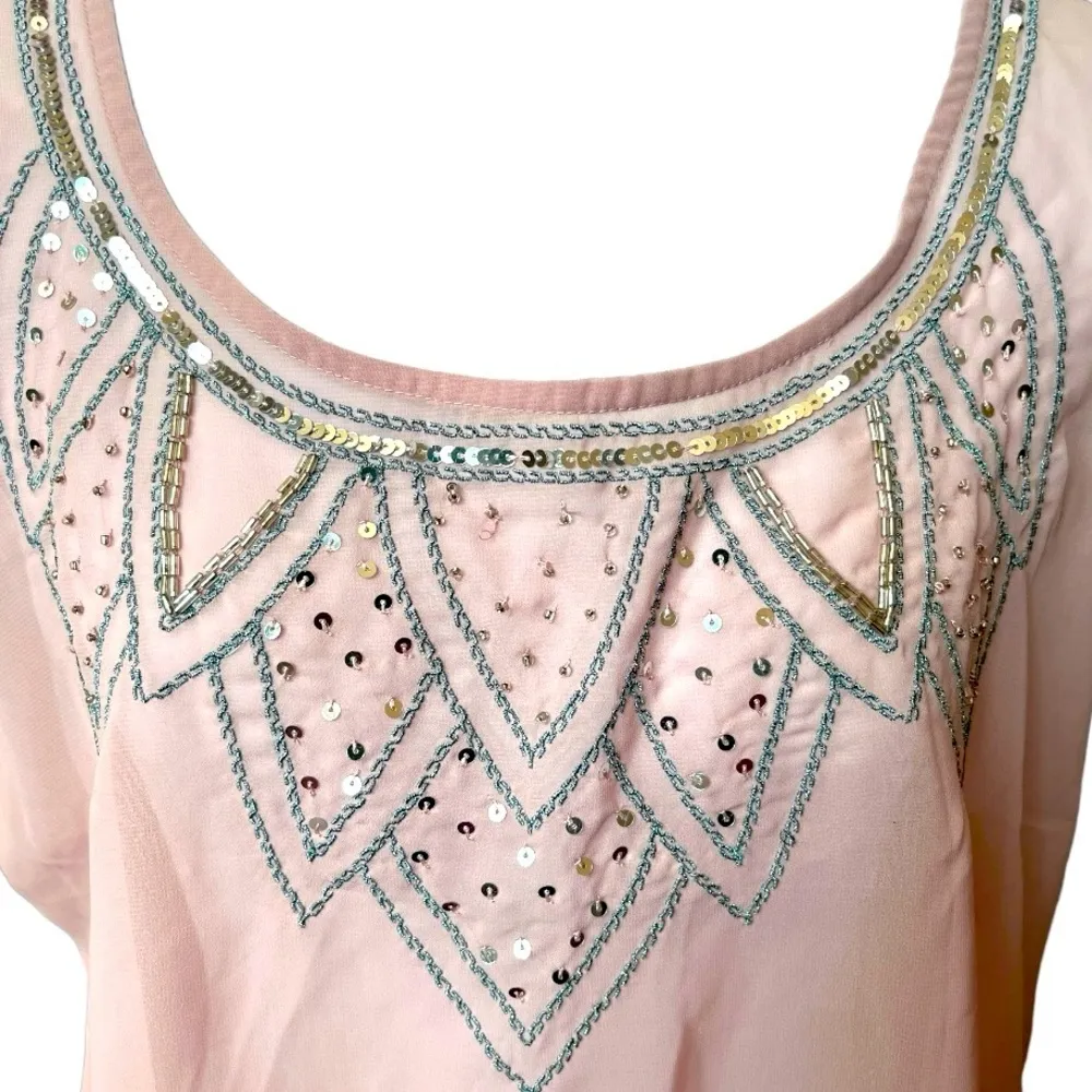 NWT Decree Peach See-Through Tunic with striped back Sequins Round Neck Size L - Image 5