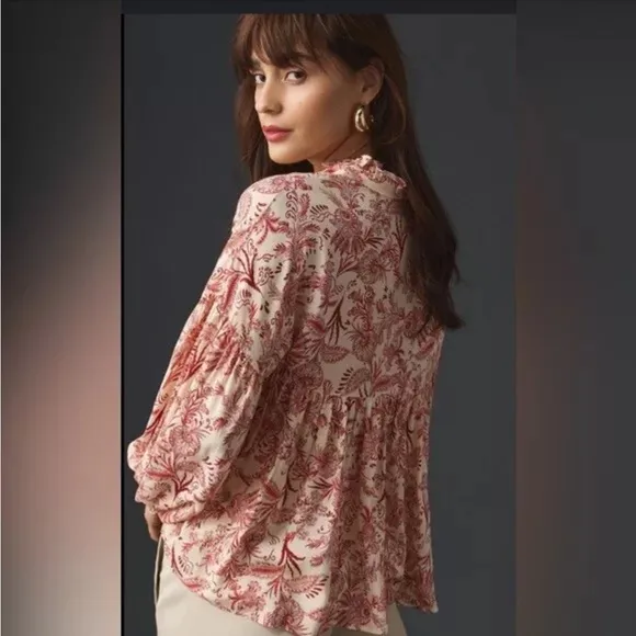 ANTHROPOLOGIE Paisley‎ Boho Top Small Petite Shirred - Image 3
