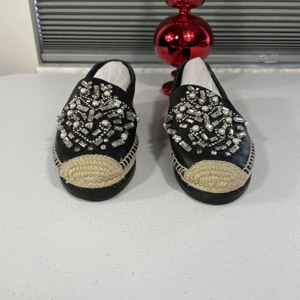 BOTKIER Black Leather SLOAN Rhinestone embellish Espadrilles Flat Shoes Women 6M - Image 2