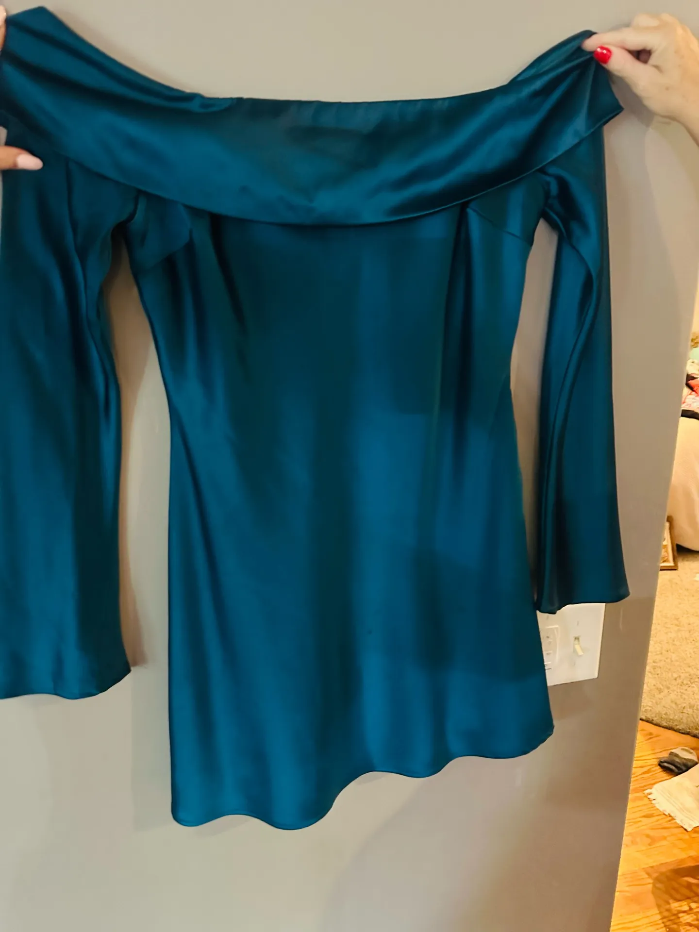XL Luxurious Vision Teal Satin Off-the-Shoulder Mini Dress - Image 2