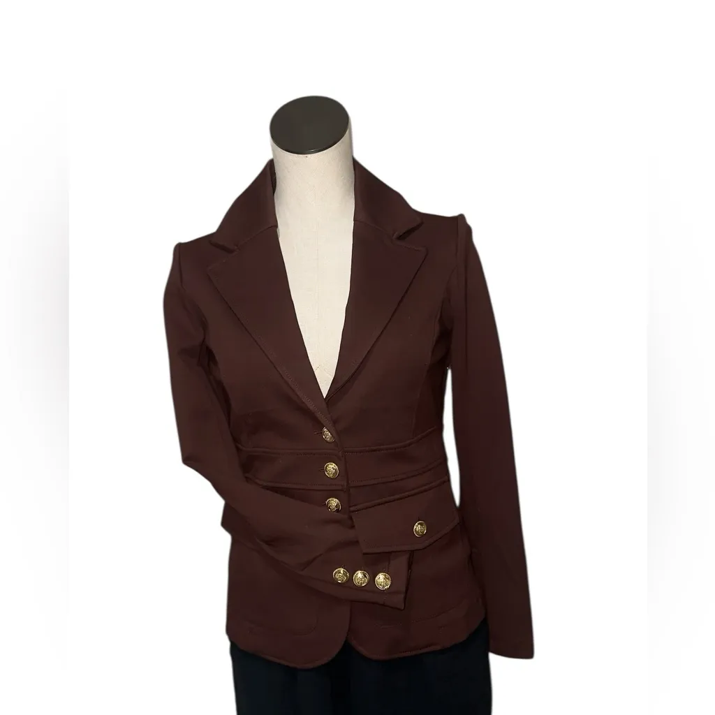 NWOT JOIE Gold Button Fitted Military Blazer Jacket Chocolate Brown XS - Image 3