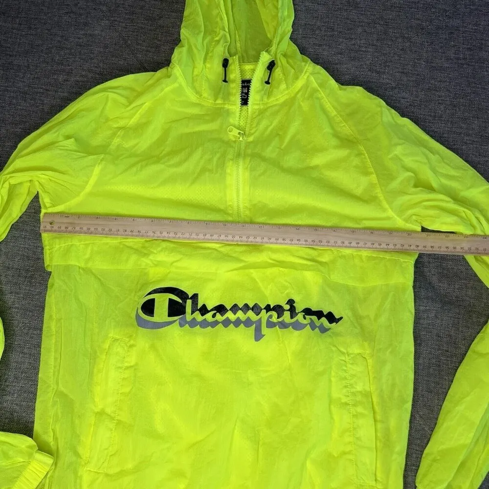 Champion Windbreaker Jacket Medium Neon Yellow Hooded Mesh Lined Vented‎ Nylon - Image 2