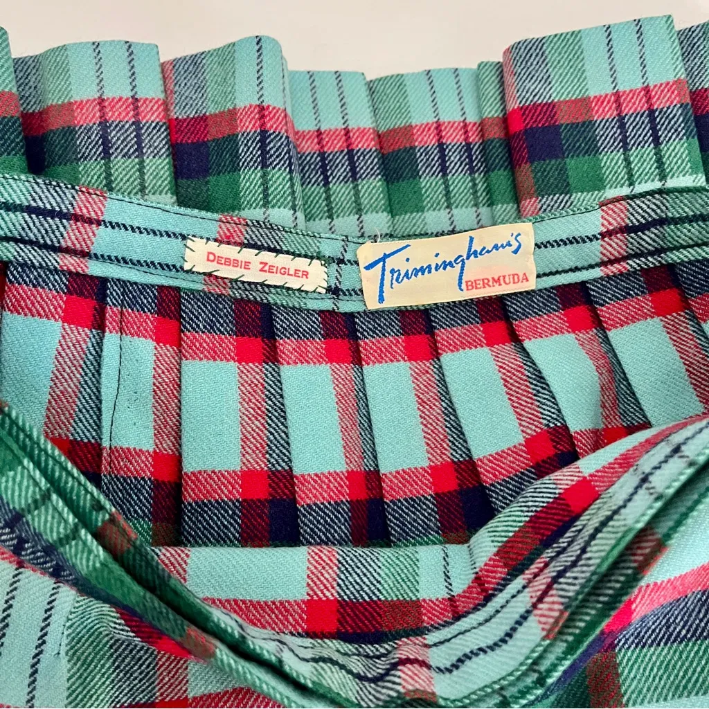 Vintage 70s Trimingham’s Bermuda Green Wool Plaid Wrap Kilt Skirt, Size XS - Image 3