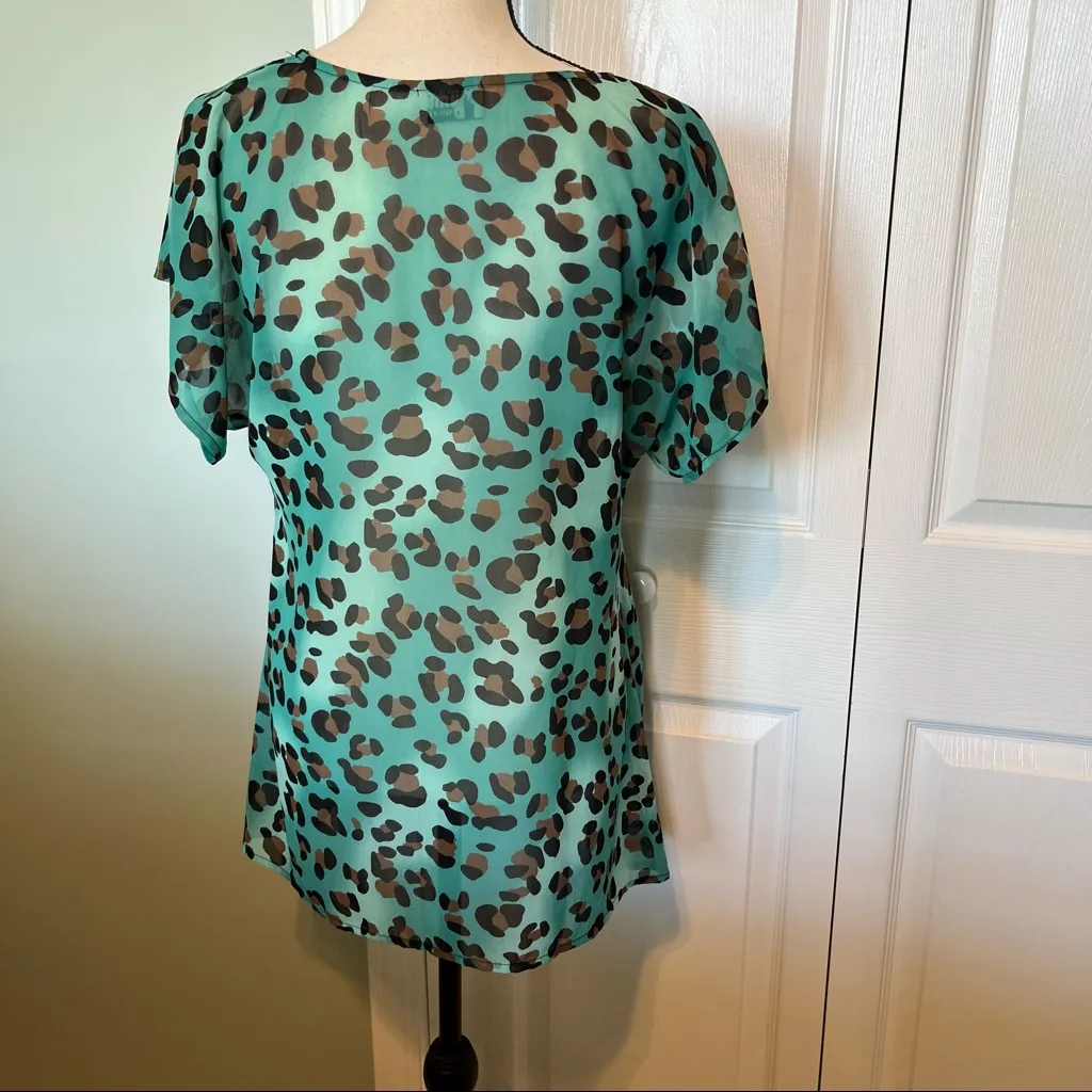 Show Me Your MuMu Womens Size Small Teal‎ Leopard Cheetah Short Sleeve Top Sheer - Image 12