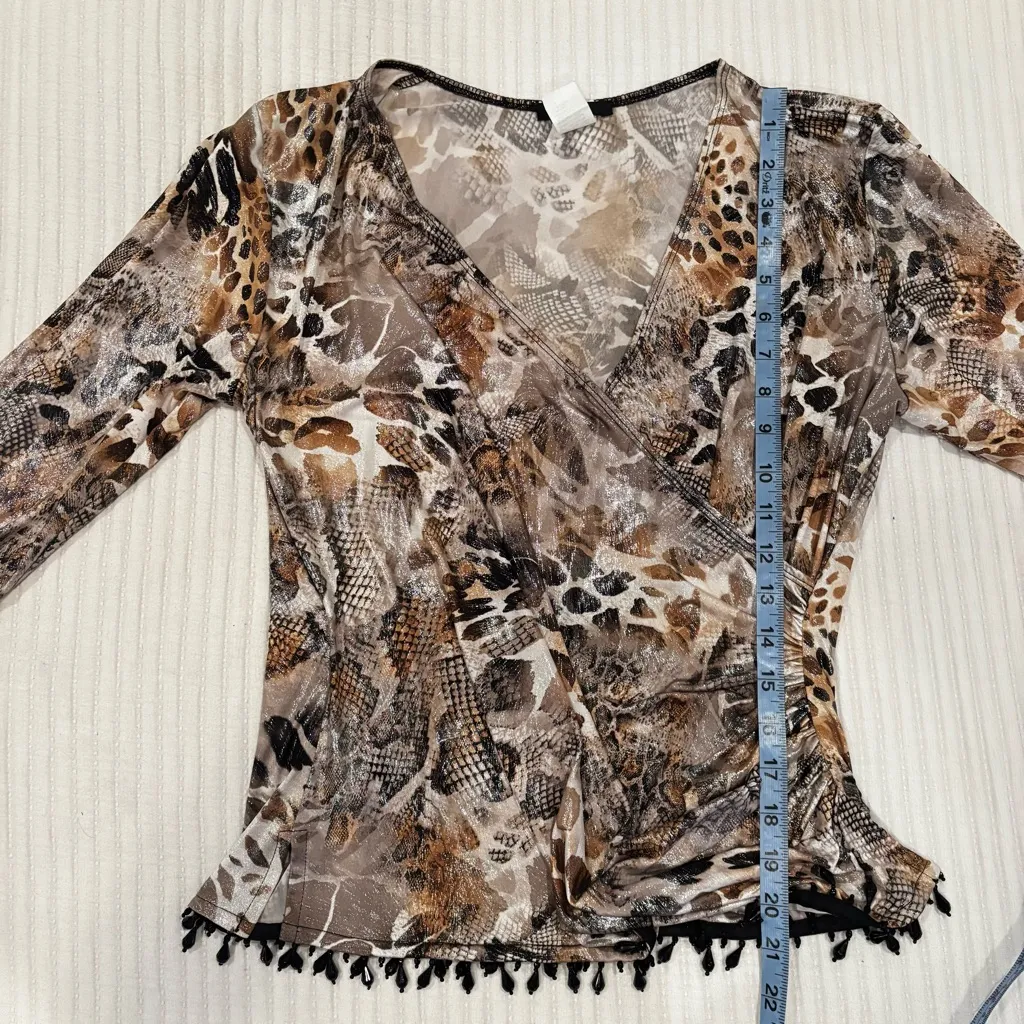 MSK Women's Animal Print Snake Skin Top with Beaded Trim Faux Wrap Front Size M Tan Size M - Image 8