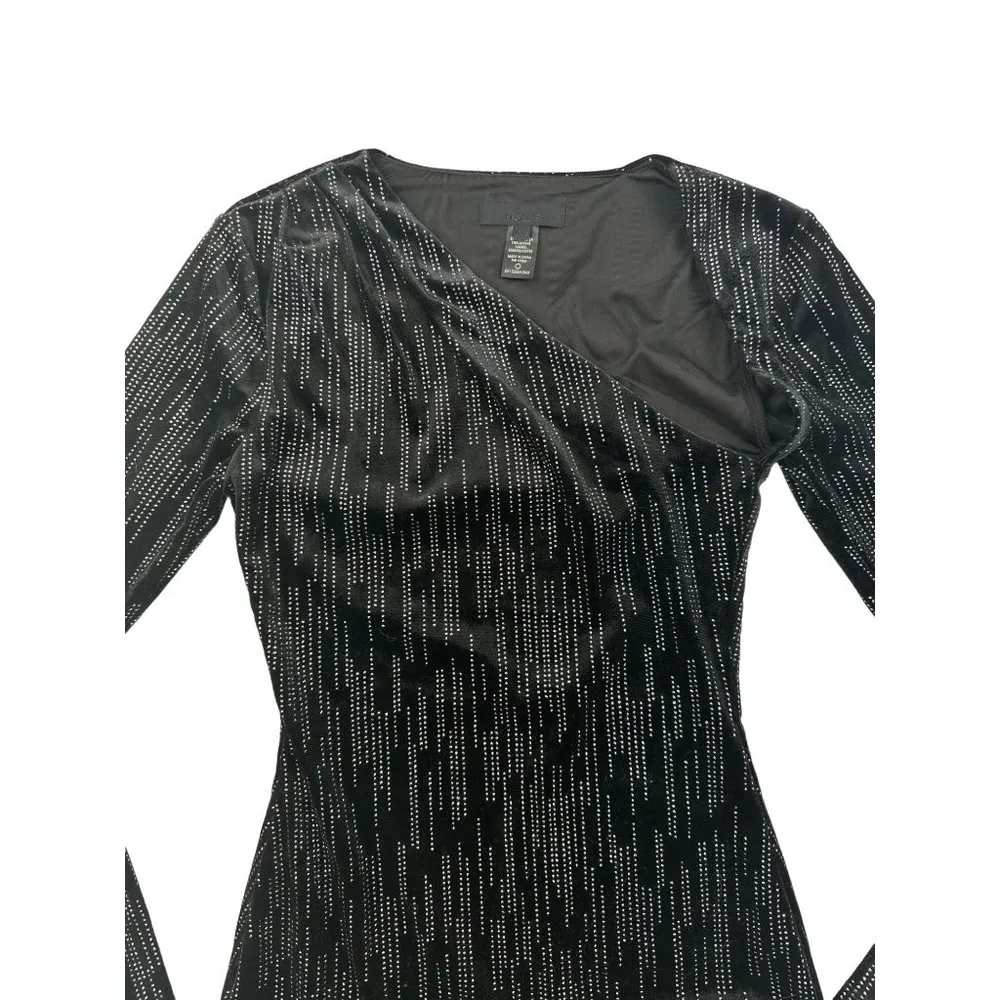 H:ours - Slash Neckline Long Sleeve Rhinestone Mini Dress in Black - Image 2