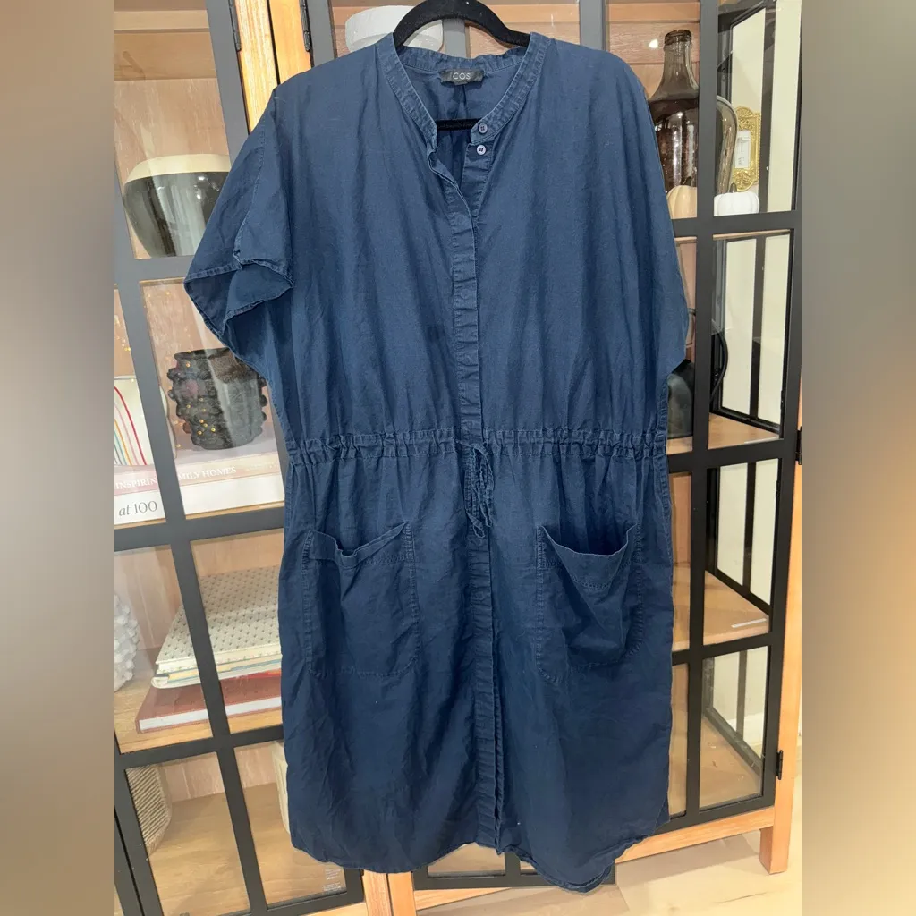 COS  navy midi dress elastic drawstring chambray cotton pockets button down shirt - Image 8