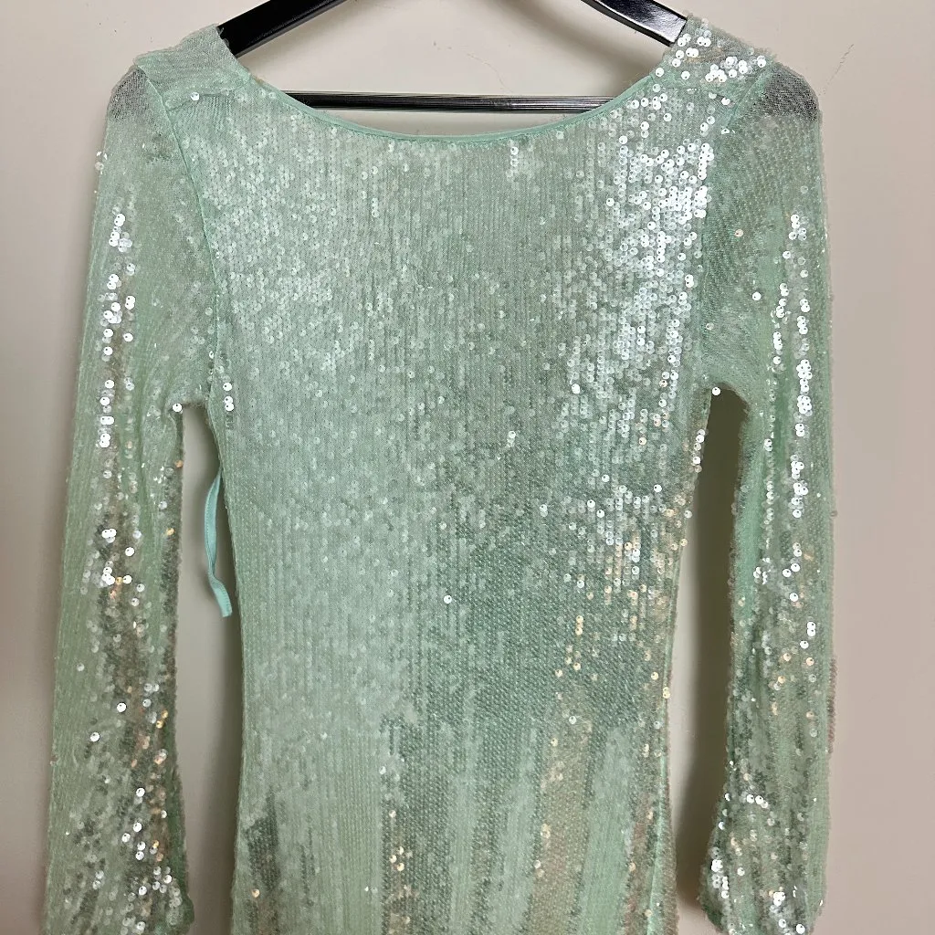 RARE LONDON Glazed Open Back Mini Dress in Mint Green Size US 4 - Image 5