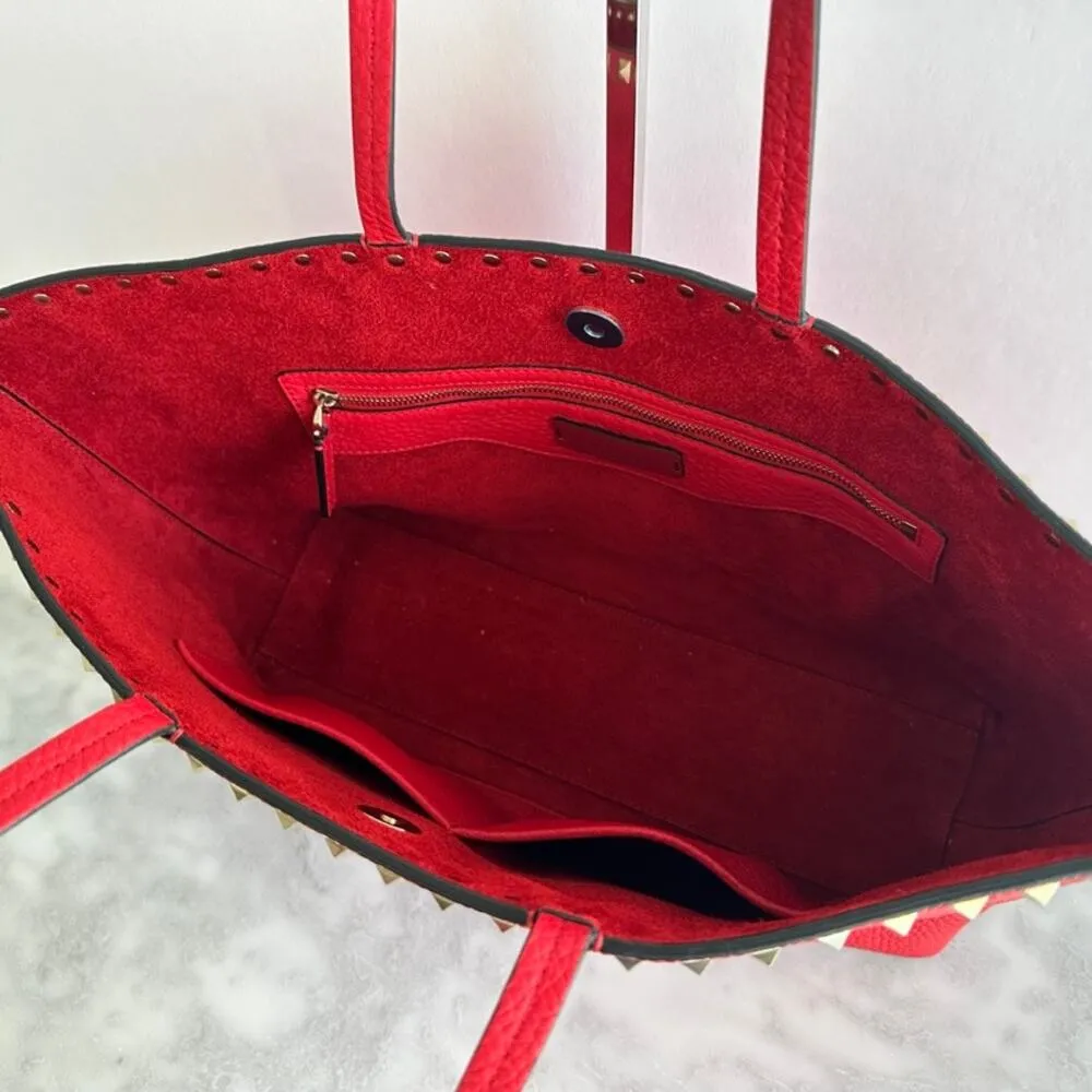 Valentino Garavani Trapeze Rockstud Shoulder Tote Red Grained Calfskin Leather - Image 8