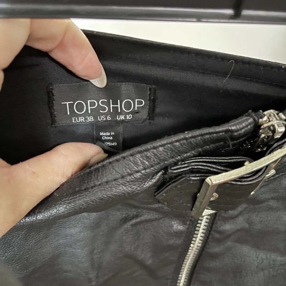 TOPSHOP Moto Faux leather Black mini skirt asymmetrical zip size US 6 - Image 5