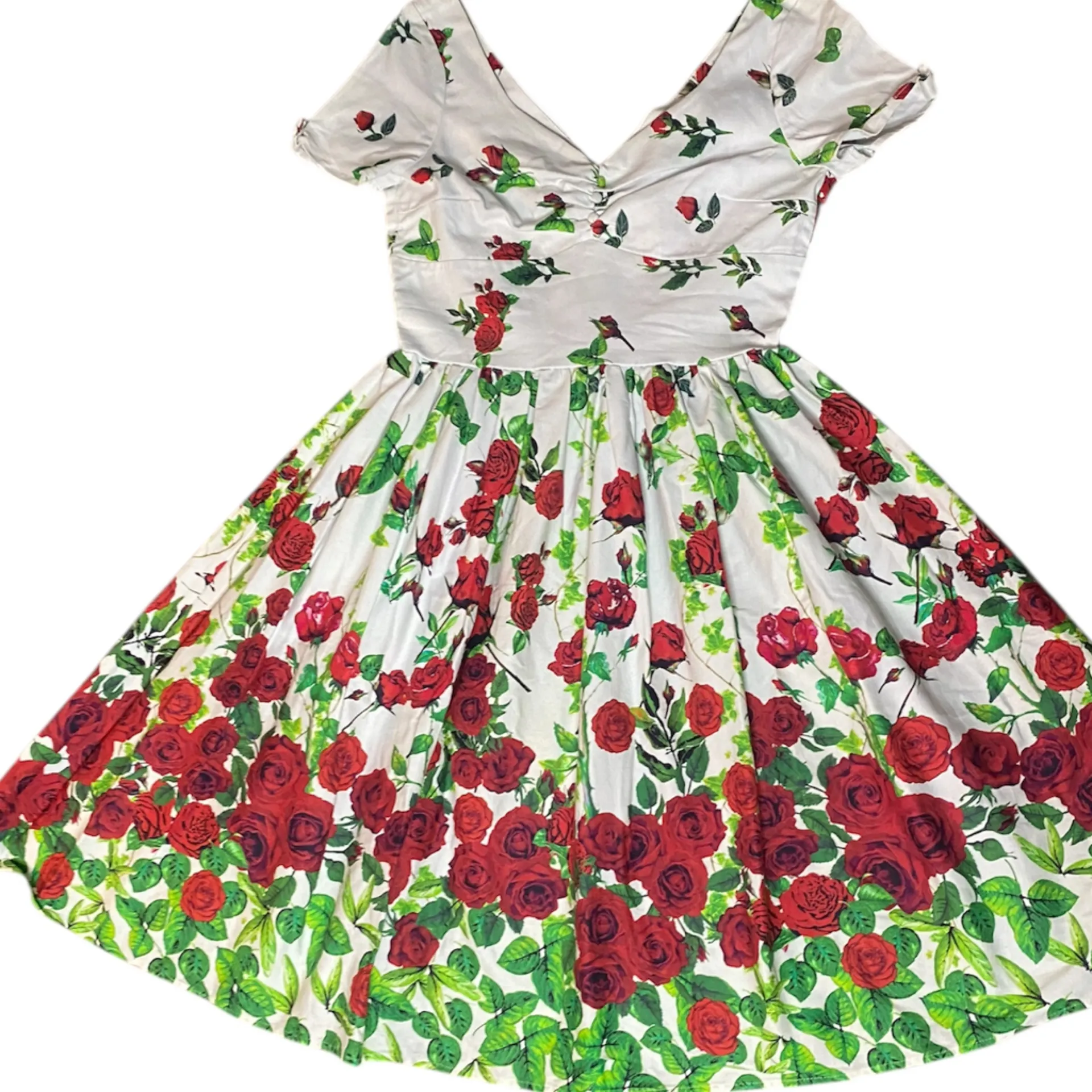 Unique Vintage Red Rose Floral Print Retro Pin Up Swing Dress Size M - Image 2