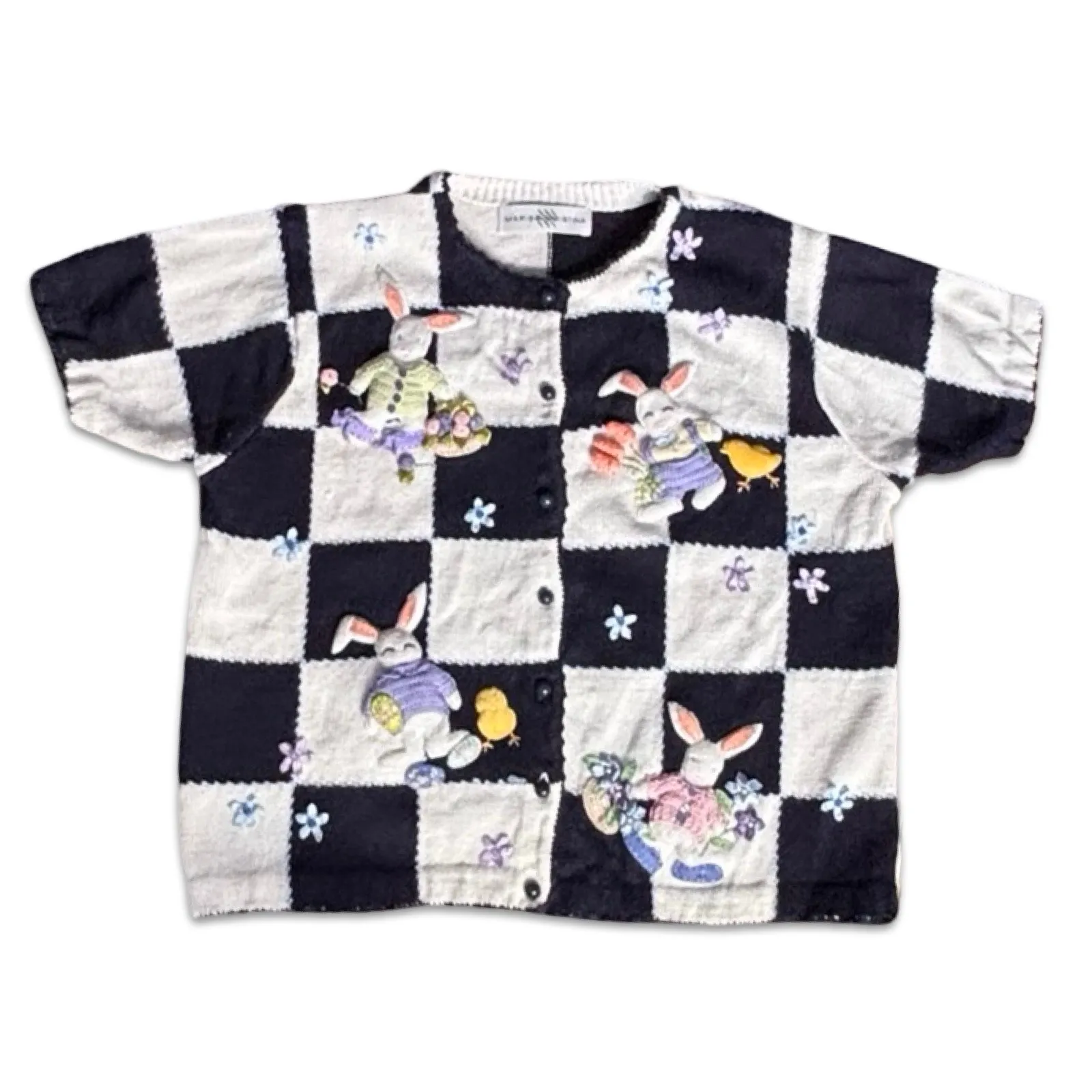 Vintage Marisa Christina Bunny Appliqué Knit Cardigan Black White Checkered Size M - Image 14