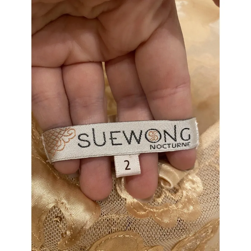 Sue Wong Nocturne Dress Womens 2 Gold Lace Floral Embroidered Cocktail Party - Image 3