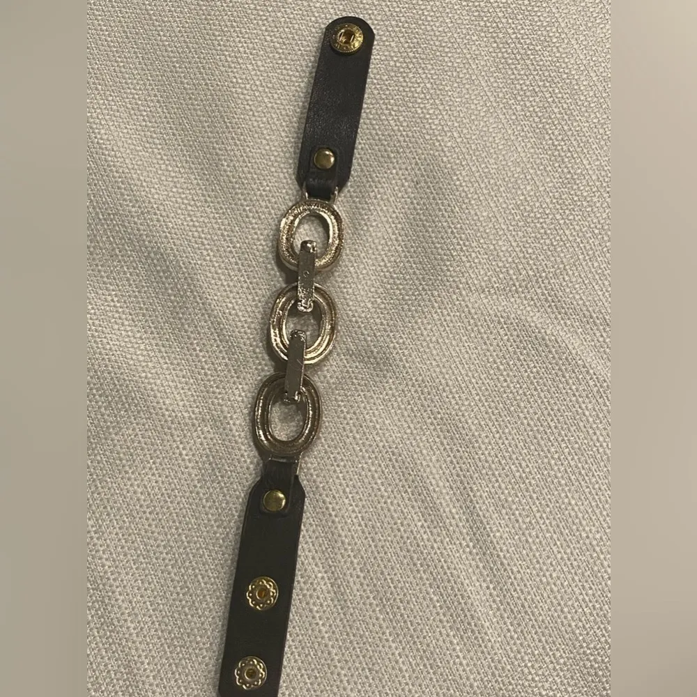 Brown Gold Statement Chunk Chain Link Leather Strap Bracelet - Image 3