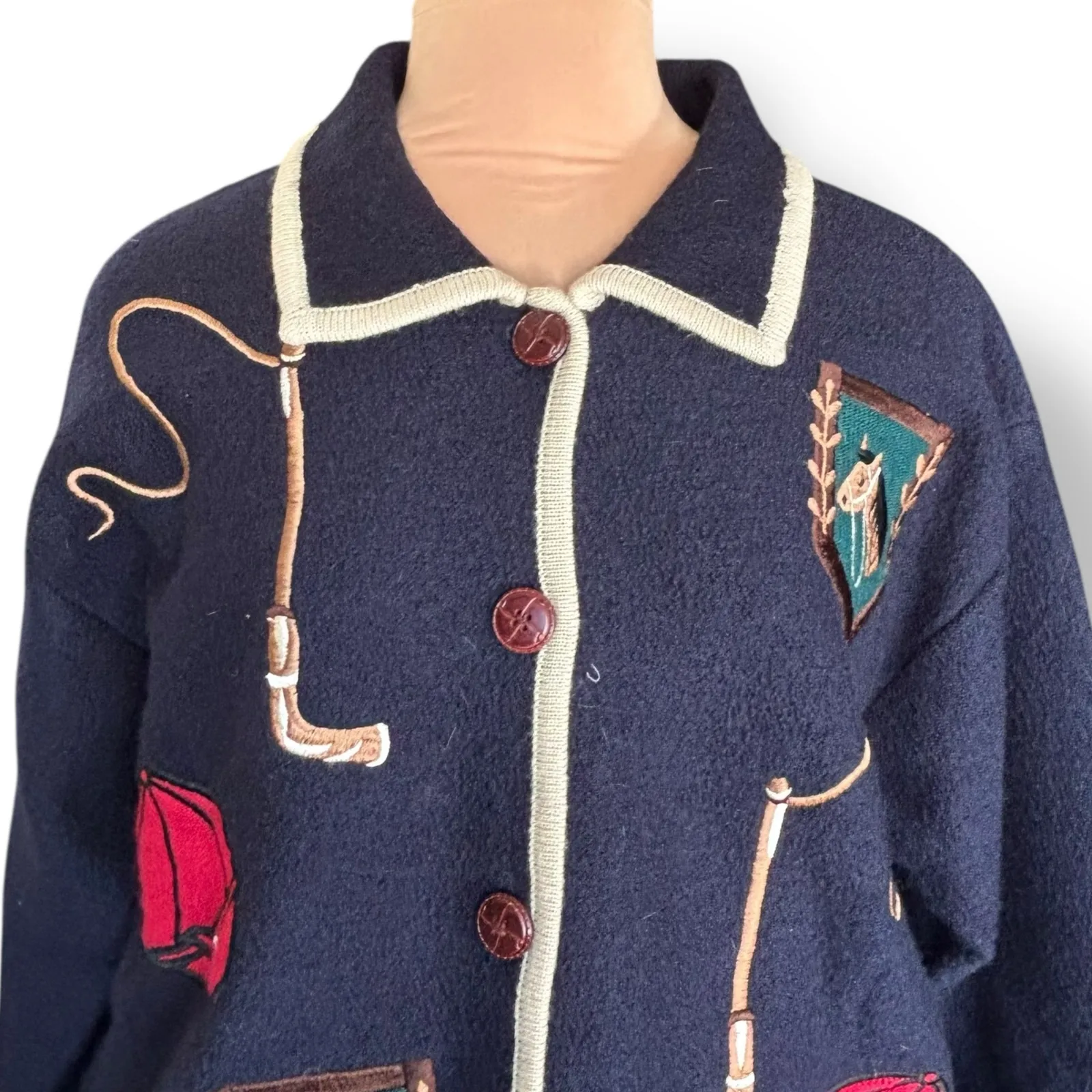 Vintage Polo Collar Knit Wool Equestrian Horse Cardigan Sweater Navy Blue Medium - Image 4