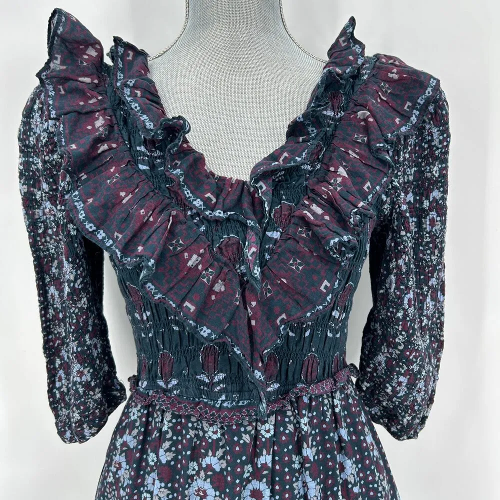 Sea NY Nadine Border Smocked Dress Cotton Puff Sleeve Ruffled V - Image 4