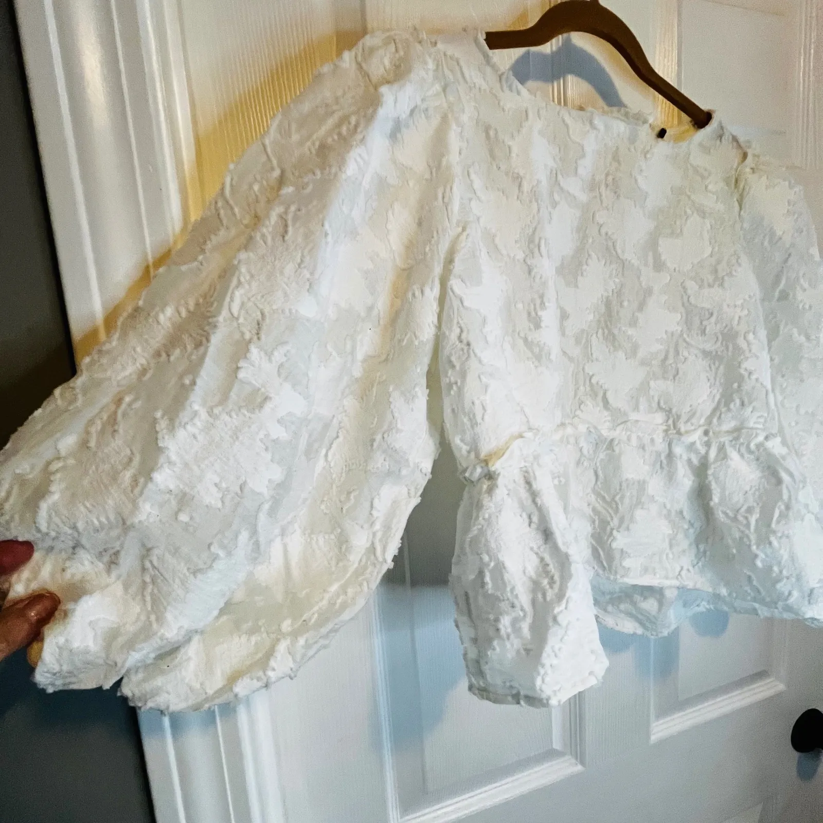 Free People Embroidered Puff Sleeve Peplum Top Ivory Boho Festival Size M Ruffle - Image 6