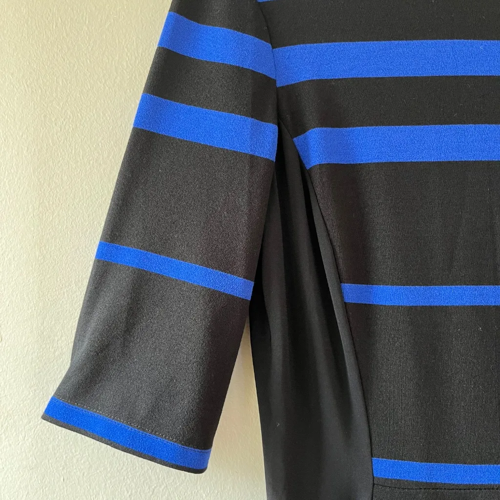 Gabby Skye Sz 8 Blue Black Stripe Elbow Sleeve Fit‎ Flare Stretch Midi Dress Zip - Image 5