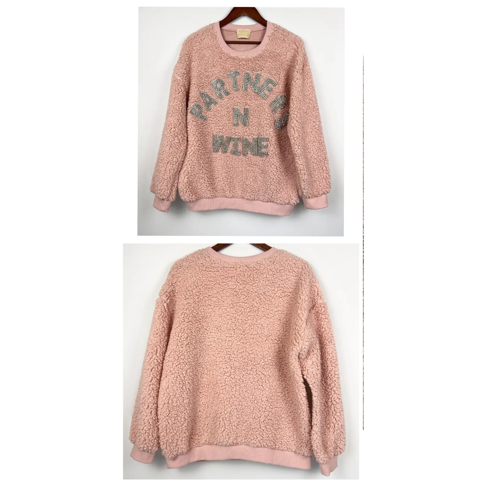 Judith March Pink Sherpa  S Sweatshirt Partners N Wine Rhinestone Lettering - Image 8