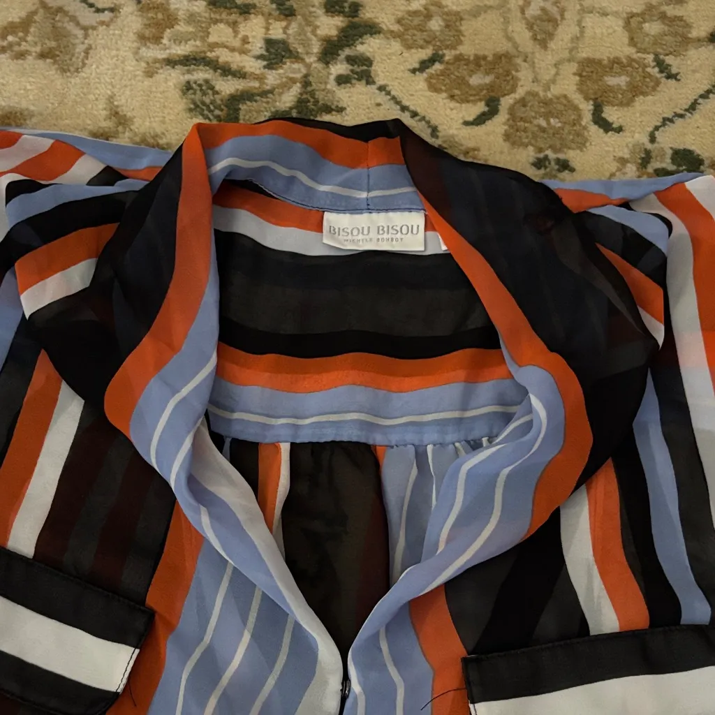 Bisou Bisou Striped Blue Orange Women's Top High Low Sheer Long Sleeve Coat Tail - Image 2